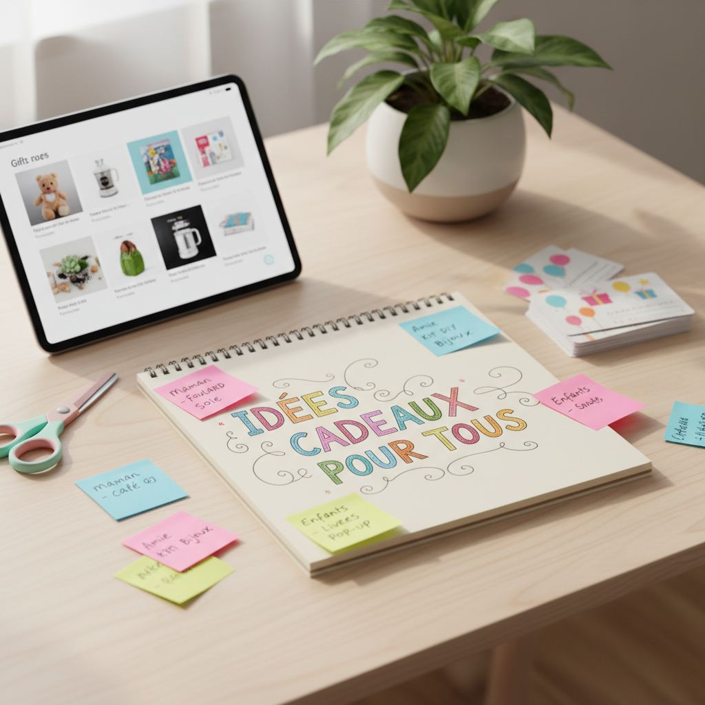 A cozy, well-organized gift planning desk scene featuring an open spiral notebook titled “Idées Cadeaux pour Tous” in playful lettering, surrounded by colorful sticky notes listing gift ideas. Nearby lie a glossy tablet showing a grid of product thumbnails, a pair of rounded pastel scissors, and neatly stacked gift cards with cheerful designs. The desk surface is a pale wooden texture with rounded edges, and a small plant in a bulbous ceramic pot adds organic shape. Diffused natural daylight from the side produces soft highlights and almost no harsh shadows, creating a calm yet upbeat atmosphere. Captured at a slightly elevated three-quarter angle with shallow depth of field, emphasizing the notebook and tablet. The photographic style is bright, clean, and whimsical, ideal for a gift ideas blog header.