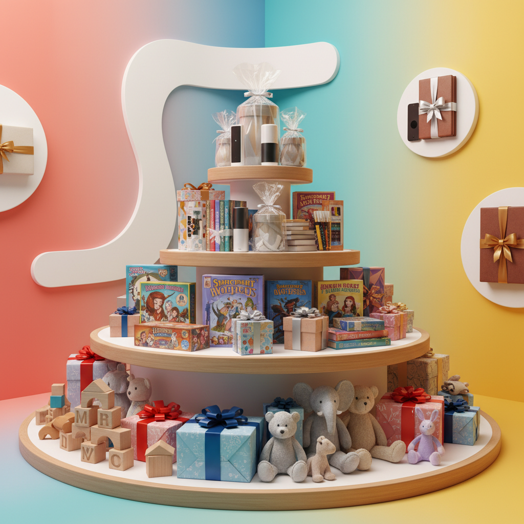 An imaginative arrangement of gifts grouped by age, displayed on tiered, rounded shelves in a playful, abstract room. The lowest tier holds chunky, colorful wooden toys and plush animals; the middle shows sleek board games and illustrated books; the top displays elegant gadgets and minimalist decor objects for adults. Each item is wrapped with different textures: velvety ribbons, glossy paper, and translucent cellophane. The walls are painted in soft gradients of coral, turquoise, and sunshine yellow with large, rounded shapes echoing the gifts’ silhouettes. Warm, diffused studio lighting washes the scene, creating soft reflections and gentle shadows that feel inviting. Shot at eye level with a wide lens, everything in crisp focus, in a photographic yet stylized, vibrant aesthetic that visually explains “gifts for every age.”