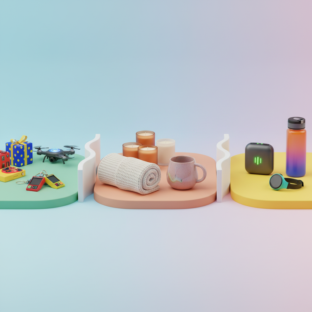 A cheerful, gender-neutral gift guide composition featuring three distinct zones flowing into each other across a wide frame. On the left, playful, brightly wrapped gadgets and quirky accessories sit on a rounded mint-green platform. In the center, cozy home items like scented candles in frosted glass, a plush throw rolled into a soft cylinder, and a bulbous ceramic mug rest on a peach-toned surface. On the right, sporty objects like a sleek wireless headphone case, a compact fitness accessory, and a colorful water bottle stand on a sunny yellow base. The zones are separated by wavy, rounded dividers. Soft, even studio lighting enhances bright colors and smooth textures, creating an energetic, balanced mood. Captured straight-on, panoramic style with sharp detail, in a clean, photographic, whimsical aesthetic perfect for illustrating category-based gift ideas.